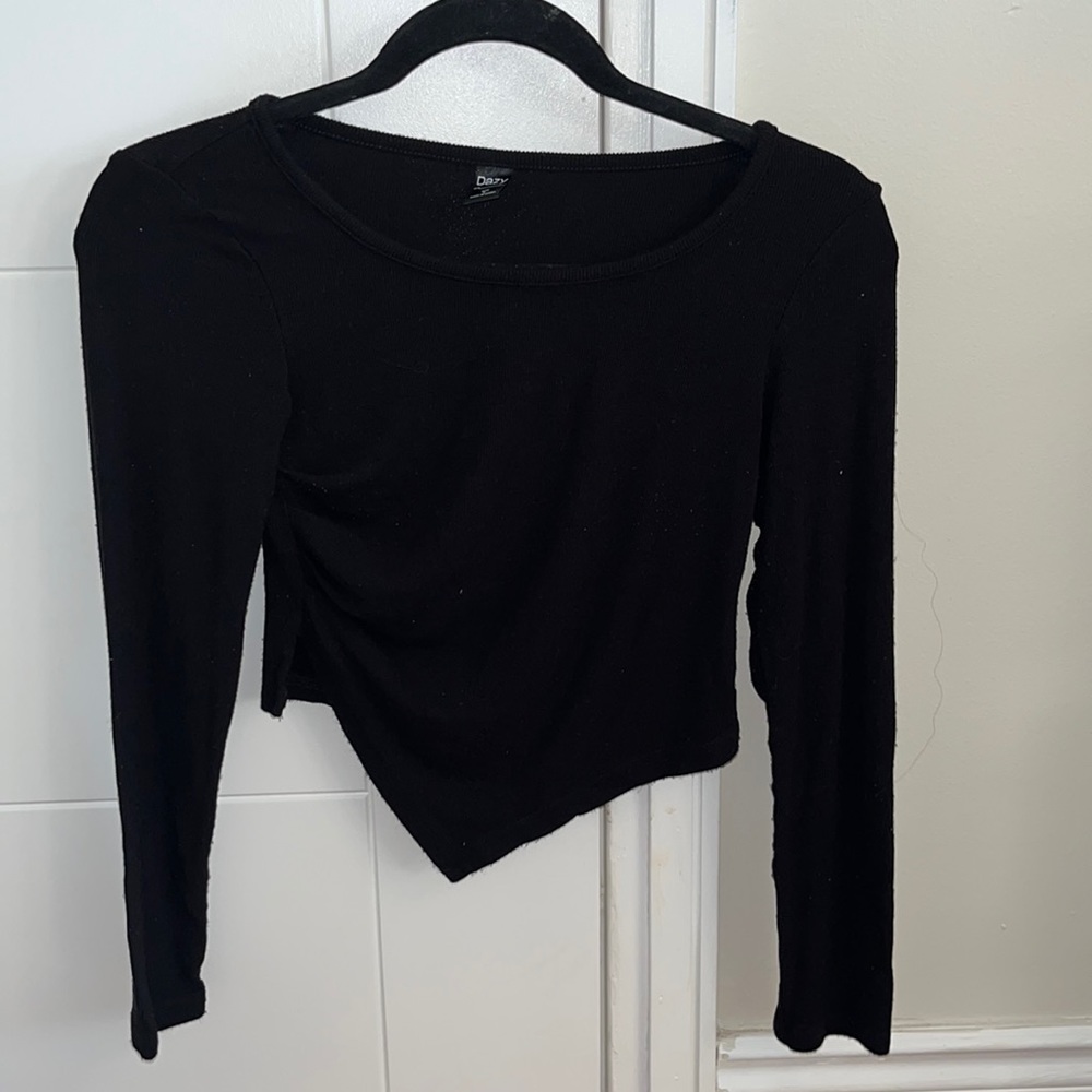 Dazy Basic Black Side Slit Long Sleeve Crop Top - Size Small